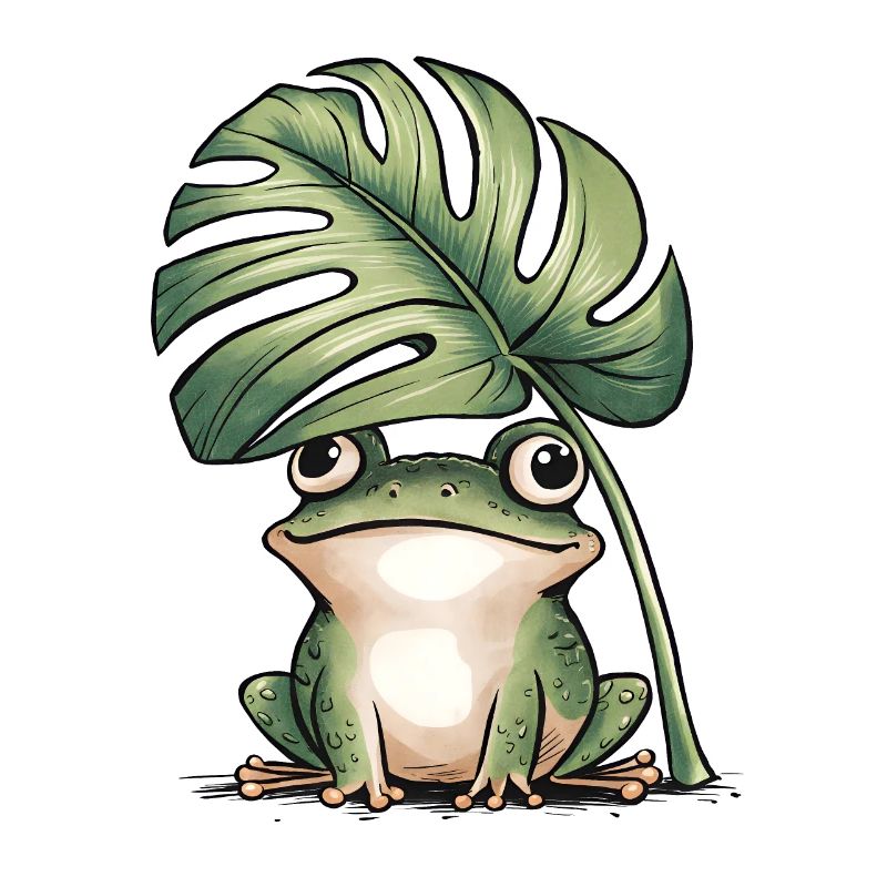 Cute frog under big monstera leaf