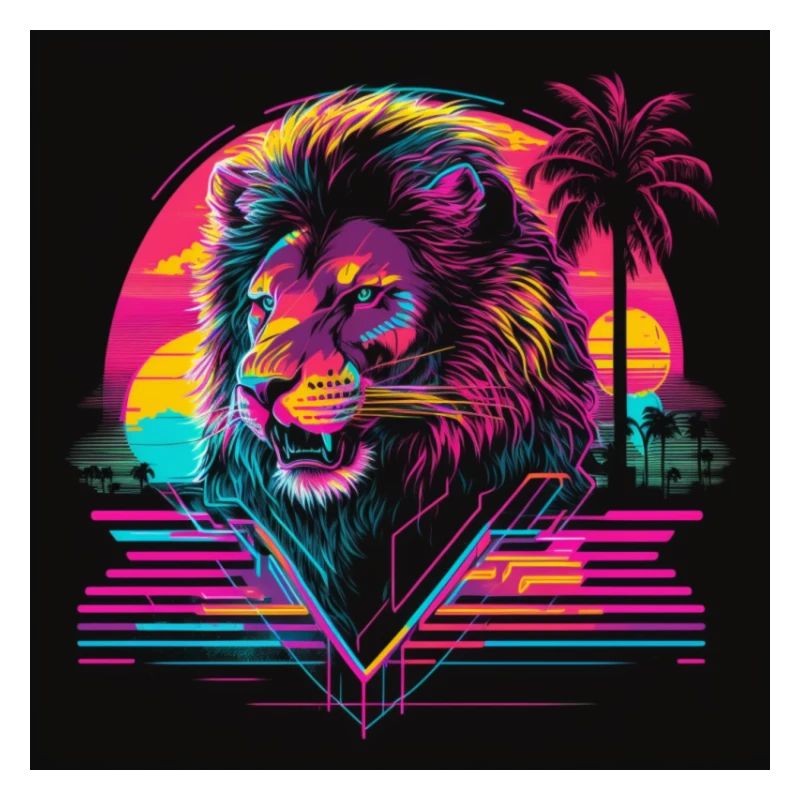 Lion with neon colors, synthwave / 80s
