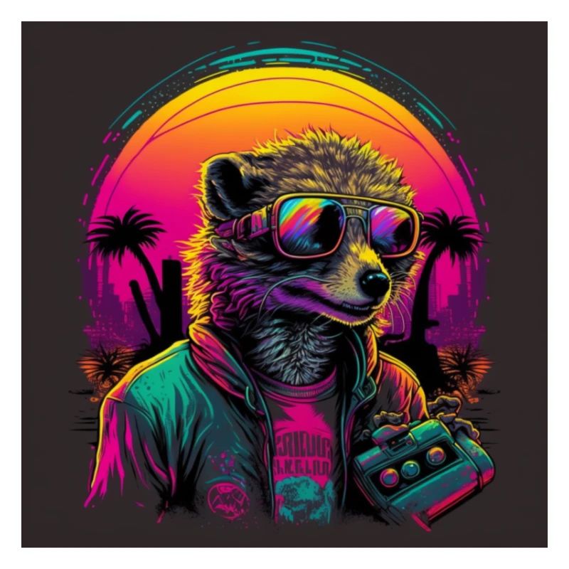 Erdmännchen mit Neonfarben, Synthwave / 80er Jahre