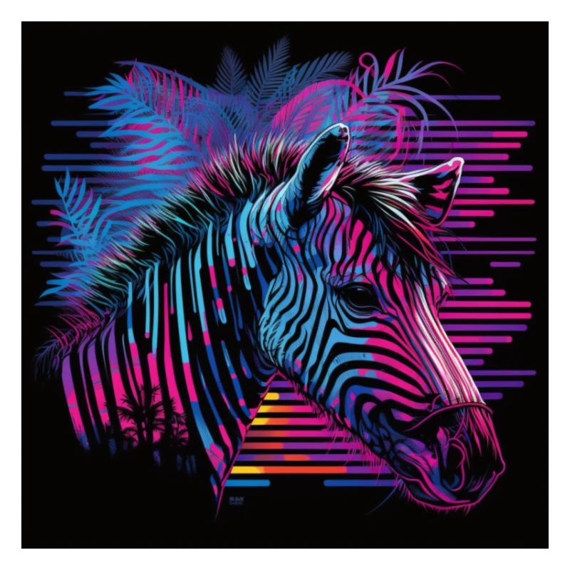 Zebra with neon colors, synthwave / 80s