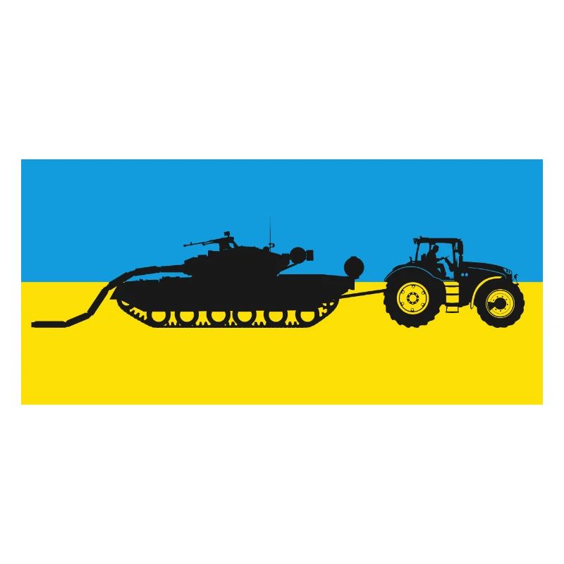 Ukrainischer Traktor zieht einen Panzer.