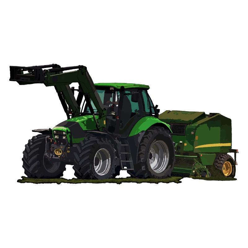 Light green tractor with front loader and baler