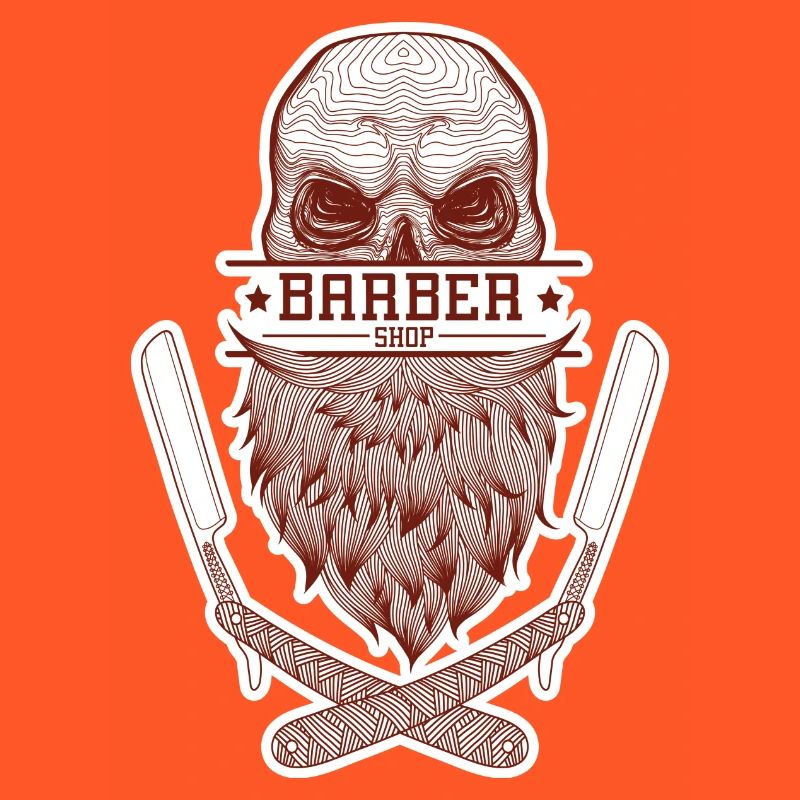 A skull with a beard, framed by razor blades.