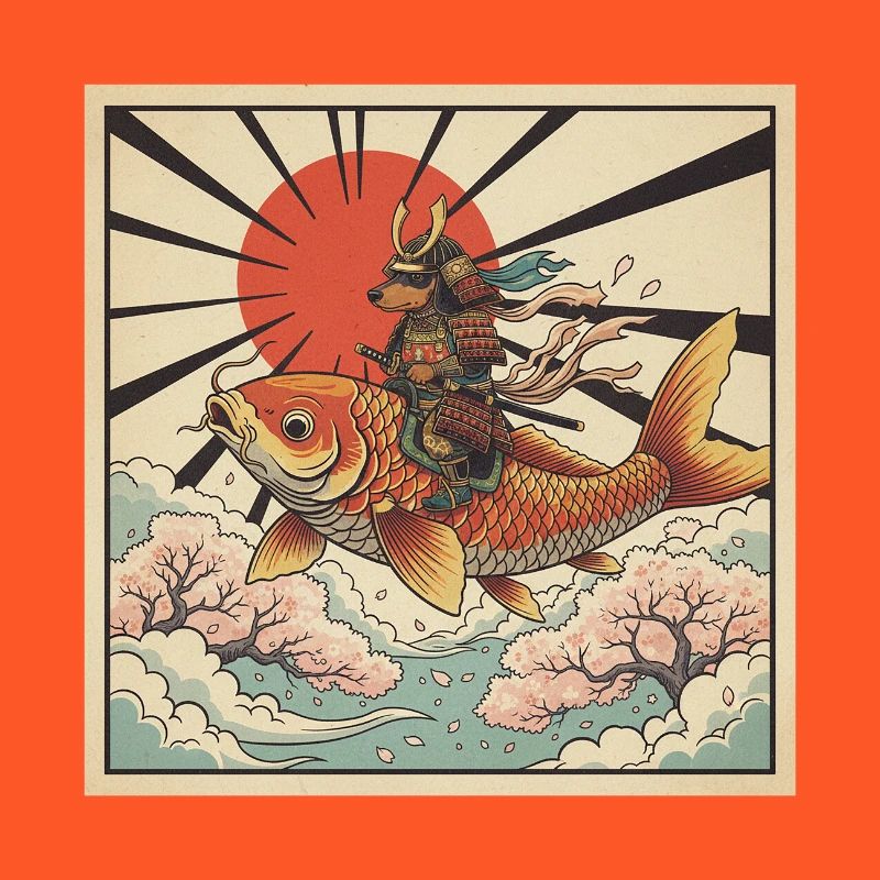 Poisson koi géant chevauché samouraï teckel japonais