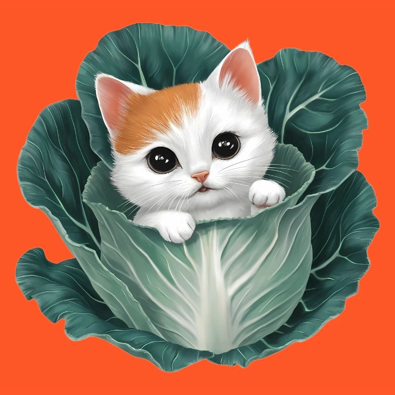 Kitten Peeking from Cabbage Leaf