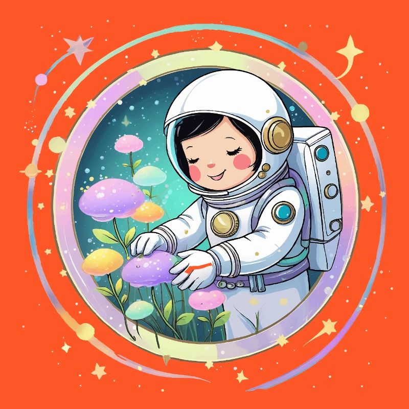 Fille astronaute avec des champignons - Conception spatiale mignonne