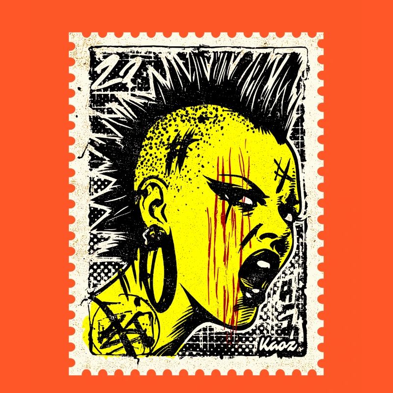 Femme punk sauvage avec mohawk et colère sur timbre-poste