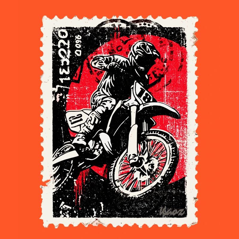 Pilote de motocross devant un timbre-poste soleil rouge