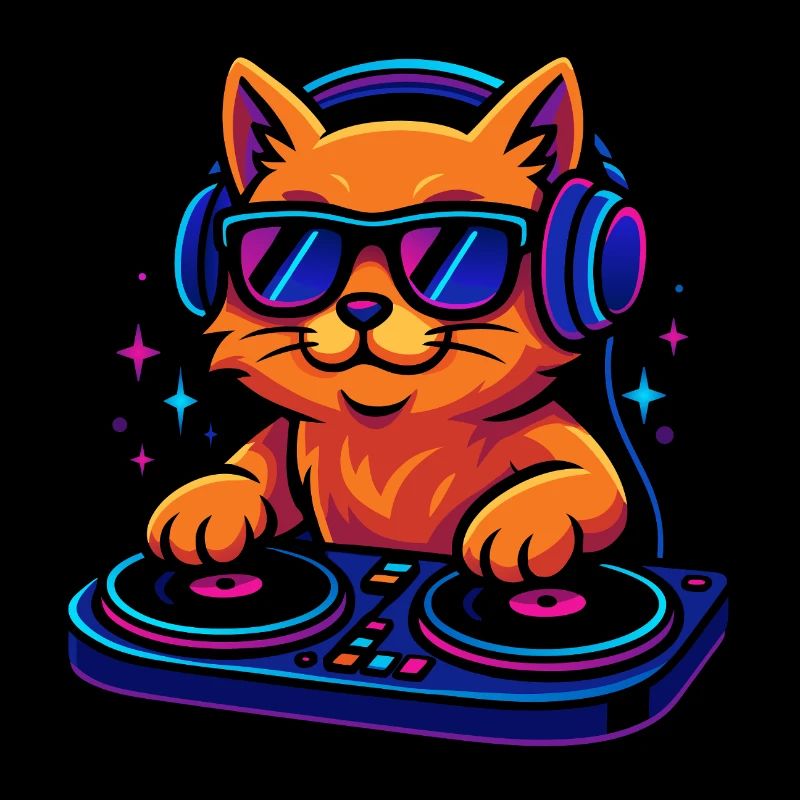 Chat DJ néon avec casque et platine vinyle
