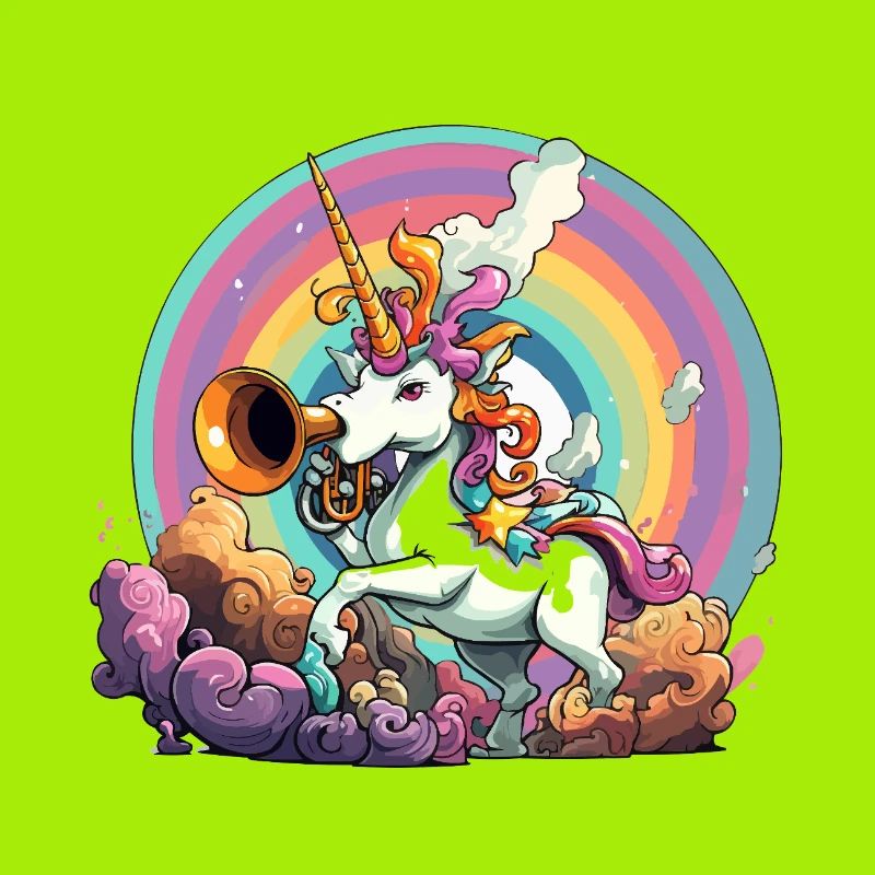 Regenbogen-Unicorn mit Trompete
