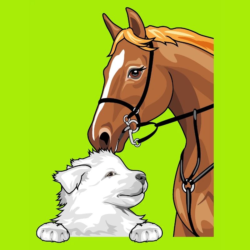 Weißer Schweizer Schäferhund und rotes Pferd