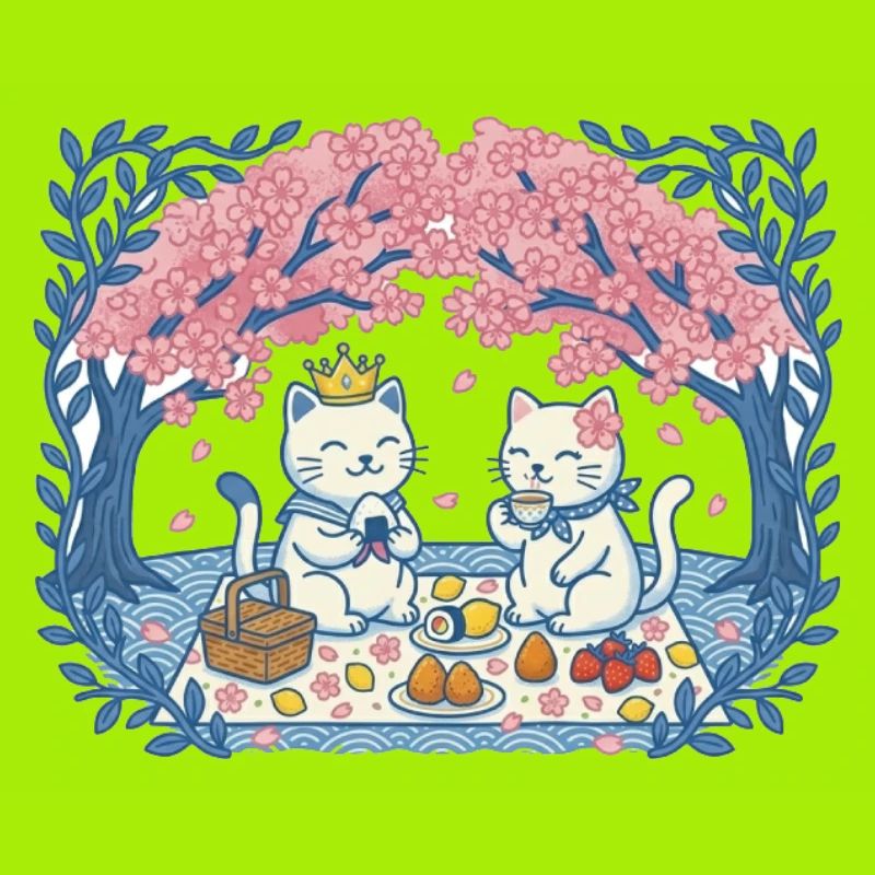 Real cats on picnic between sakura