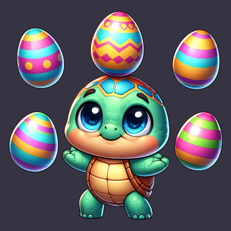 Turtle juggles colorful Easter eggs