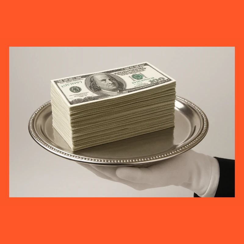 Stack of banknotes on a silver tray