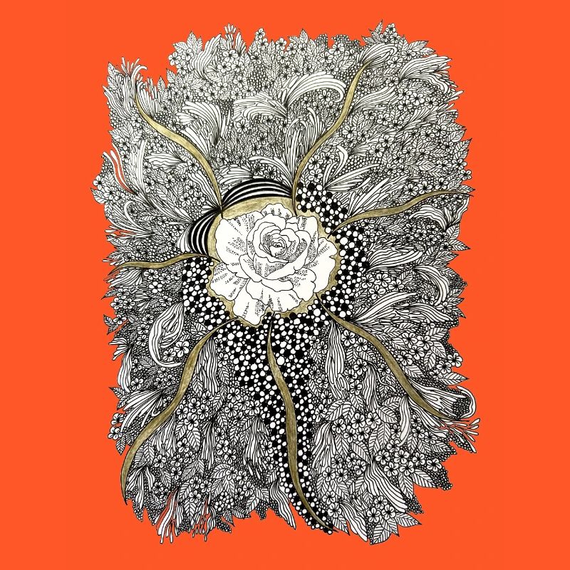 Mandala de fleurs dorées avec accent de rose