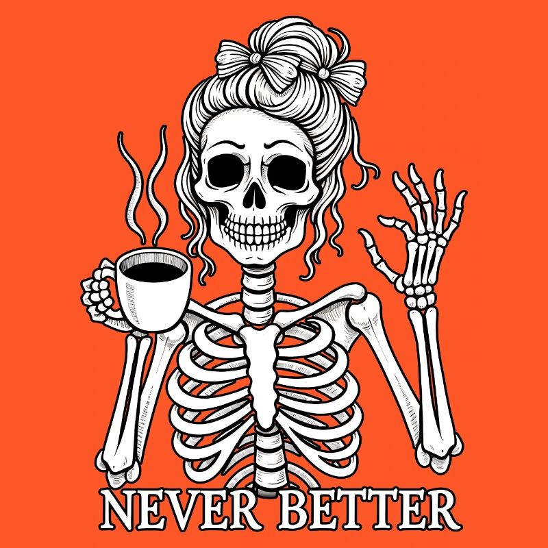 Funny skeleton drinking coffee