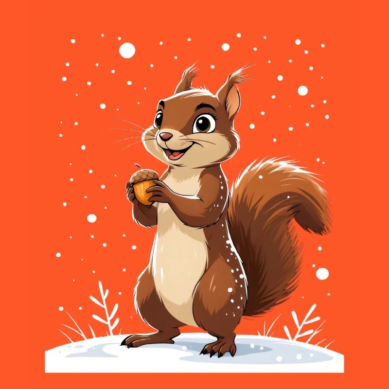 Winterliches Eichhörnchen mit Eichel