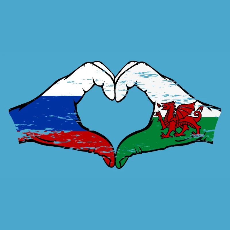 Russie Drapeau Pays de Galles mains forme de coeur utilisé