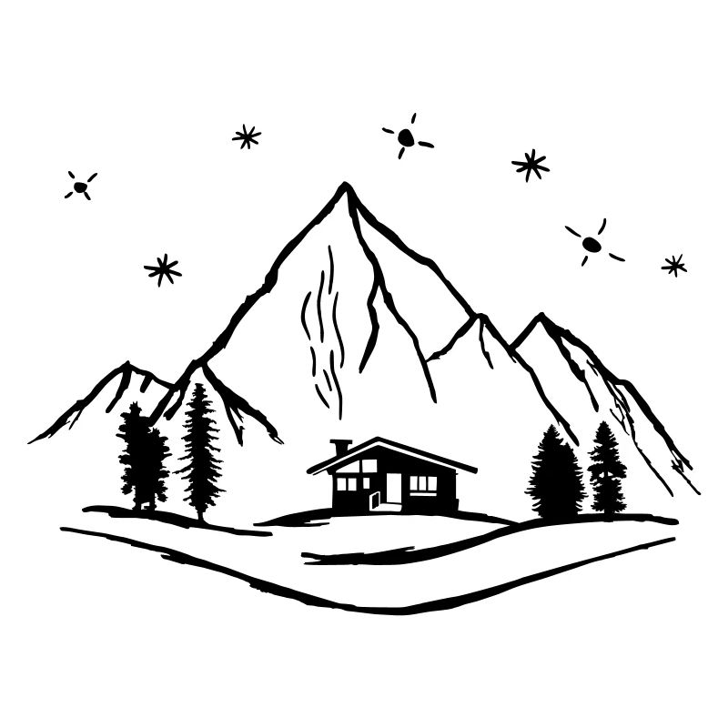Mountains, hut and forest with starry sky