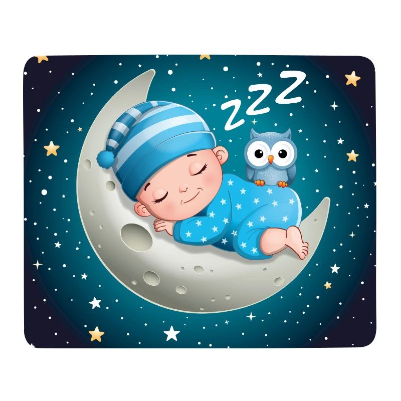 Schlafender Junge auf dem Mond mit einer Eule.