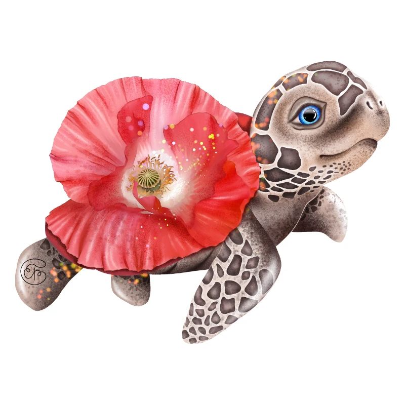 Süße Schildkröte mit Mohnblume
