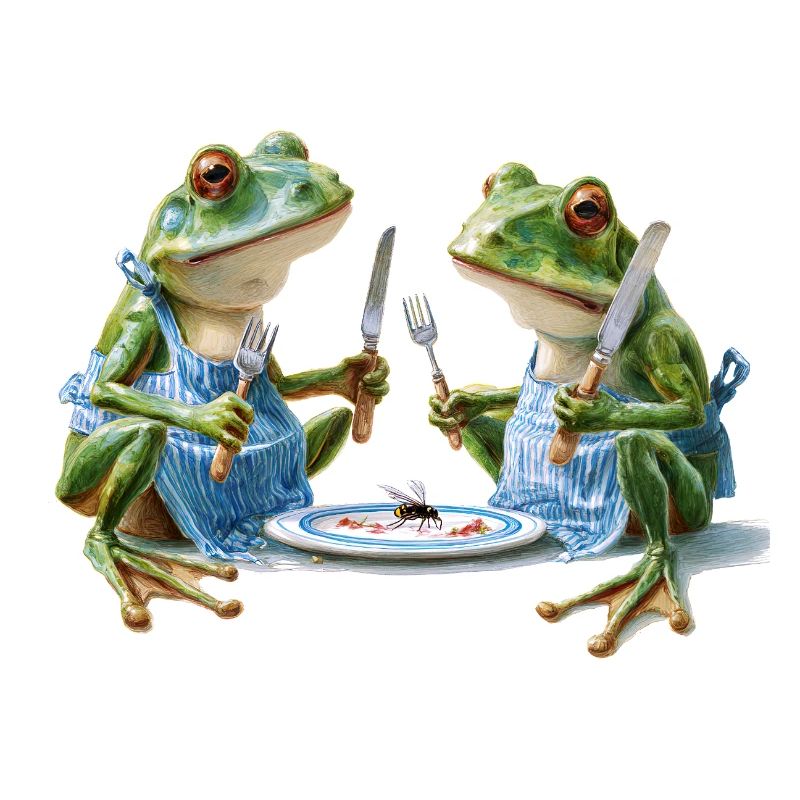 Zwei Froschköche beim Abendessen