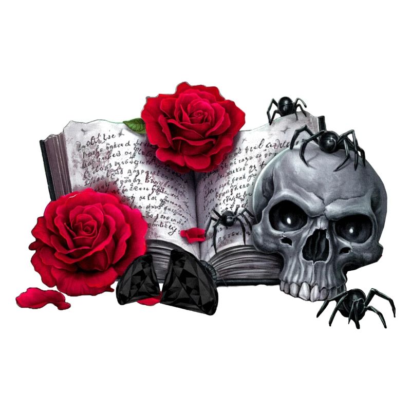 Gothic-Buch mit Rosenblüten, Menschenschädel