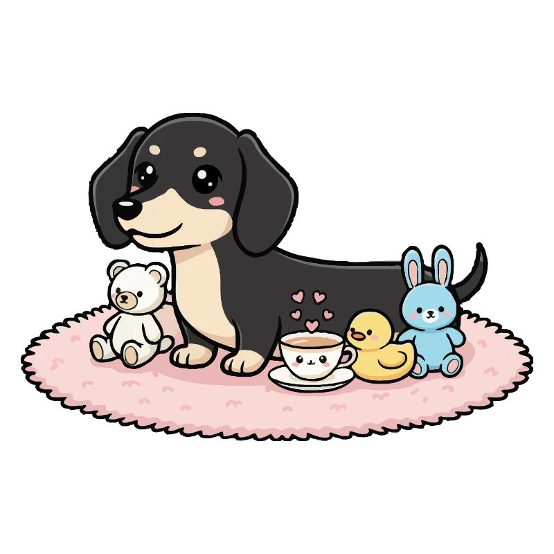 Dackel schwarz mit Kuscheltieren