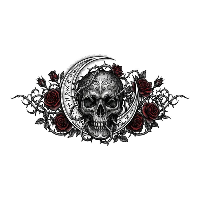 Gothic skull / skull, Moon, Red roses