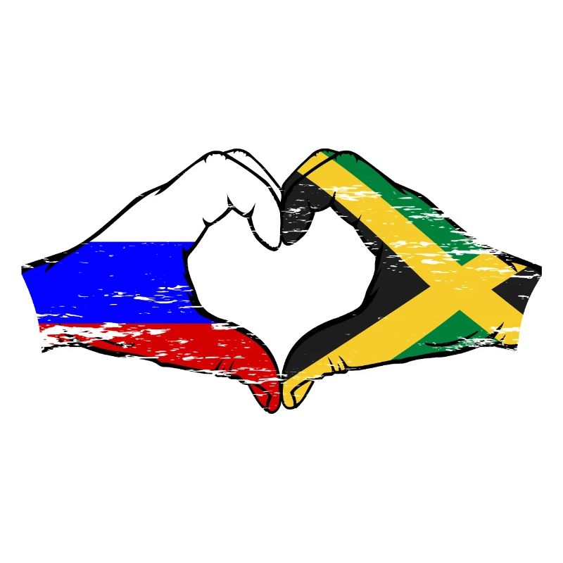 Russie Jamaïque drapeau mains forme de coeur utilisé
