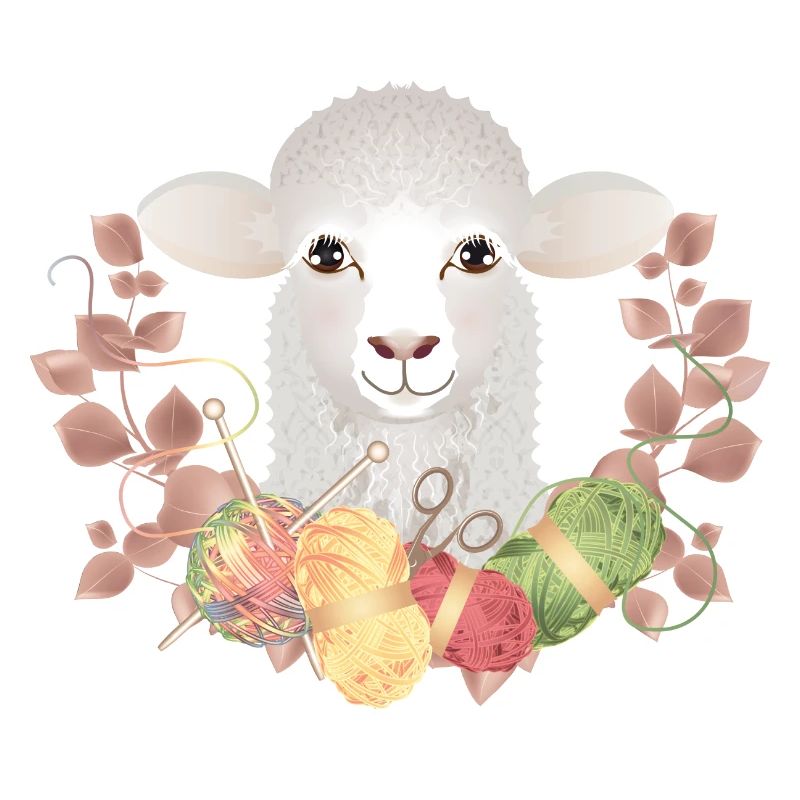 A cute sheep with wool and knitting needles