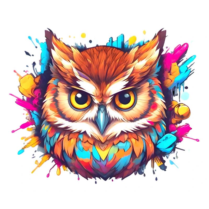 Farbenfrohe Eule aus einem Farbklecks, Comic-Art