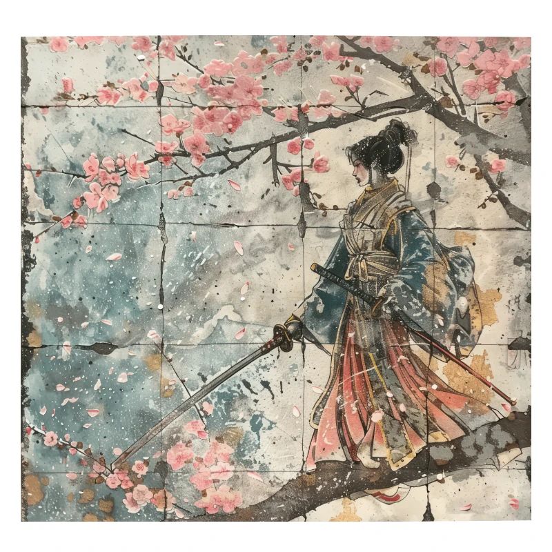 Japanisch, Samurai, Kirschblüte, Kunst, Ukiyo-E