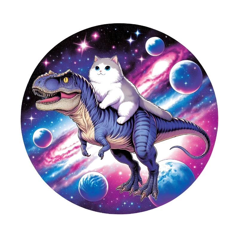 Kosmos-Tierreiter: Katze auf Dino
