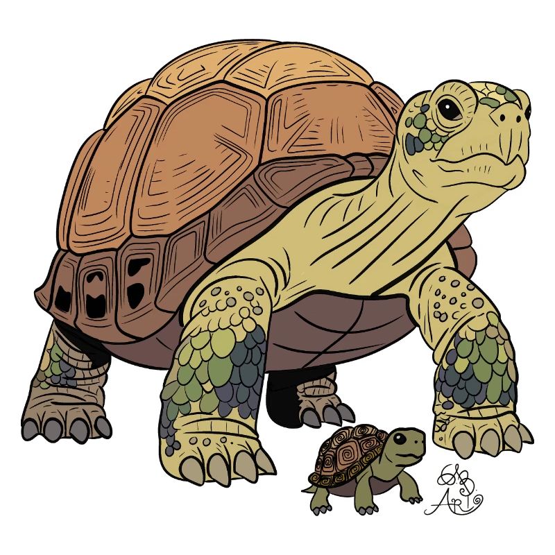 Detailreiche Schildkröte mit Jungem