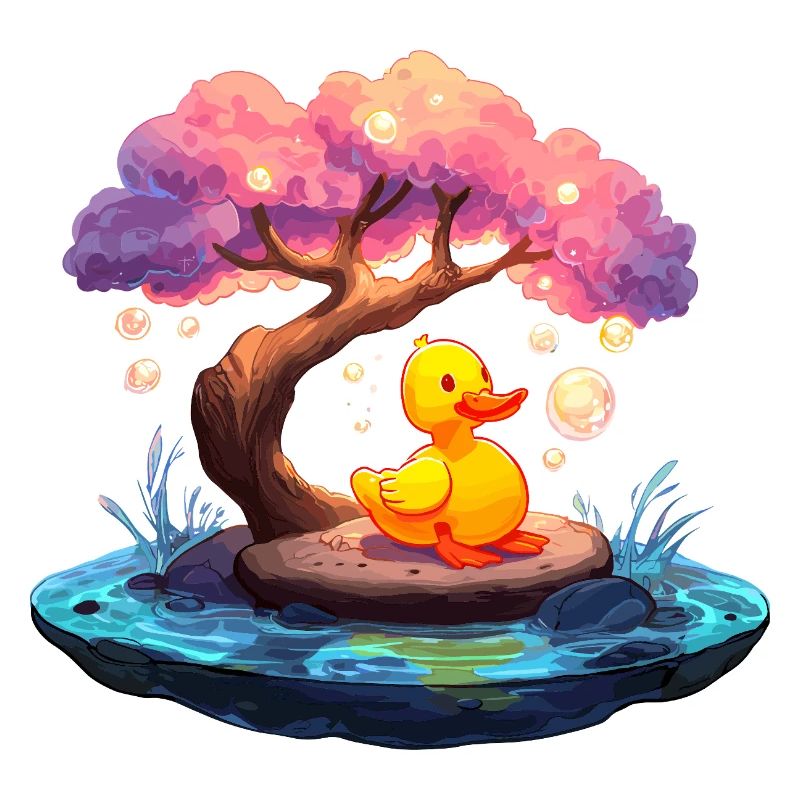 Ente auf rosiger Bauminsel