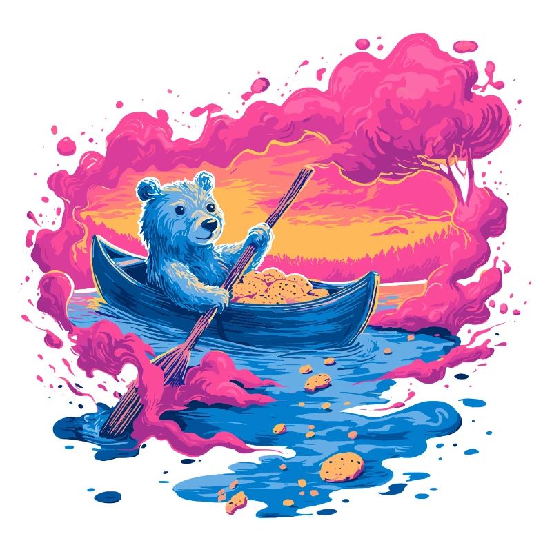 Neonbär im pinken Sonnenuntergangskanu