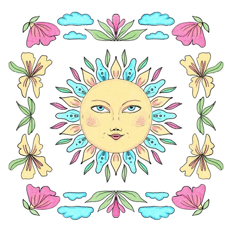 Sonnengesicht im Blumenkreis