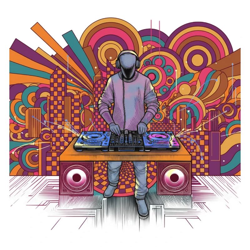Futuristic DJ in a psychedelic background