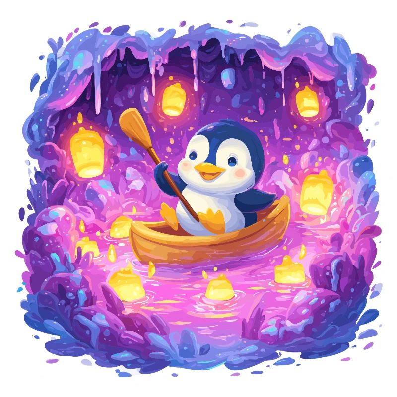 Leuchtender Pinguin im Höhlenboot