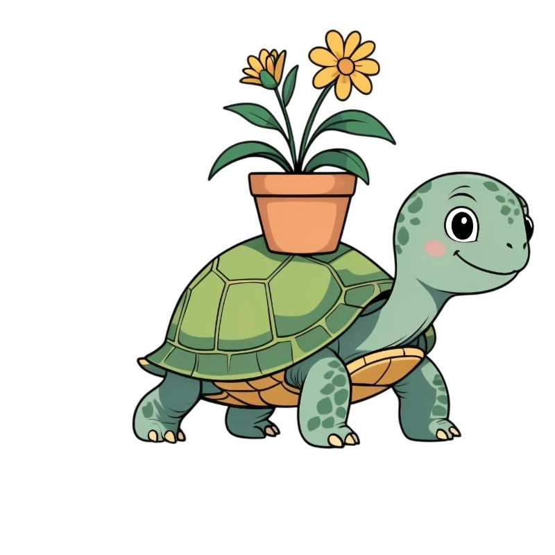 Kleine Schildkröte mit Pflanzentopf