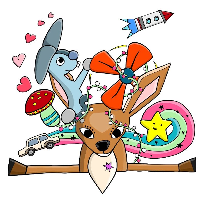 Cute Deer, Bunny Collage with Rainbow