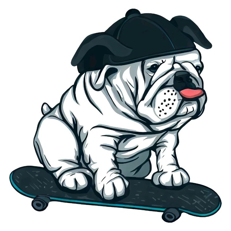 Mops auf Skateboard mit Basecap