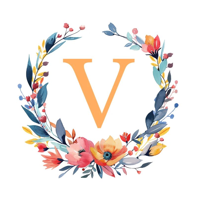 V Monogramm, Blumen-Kranz, personalisierbar