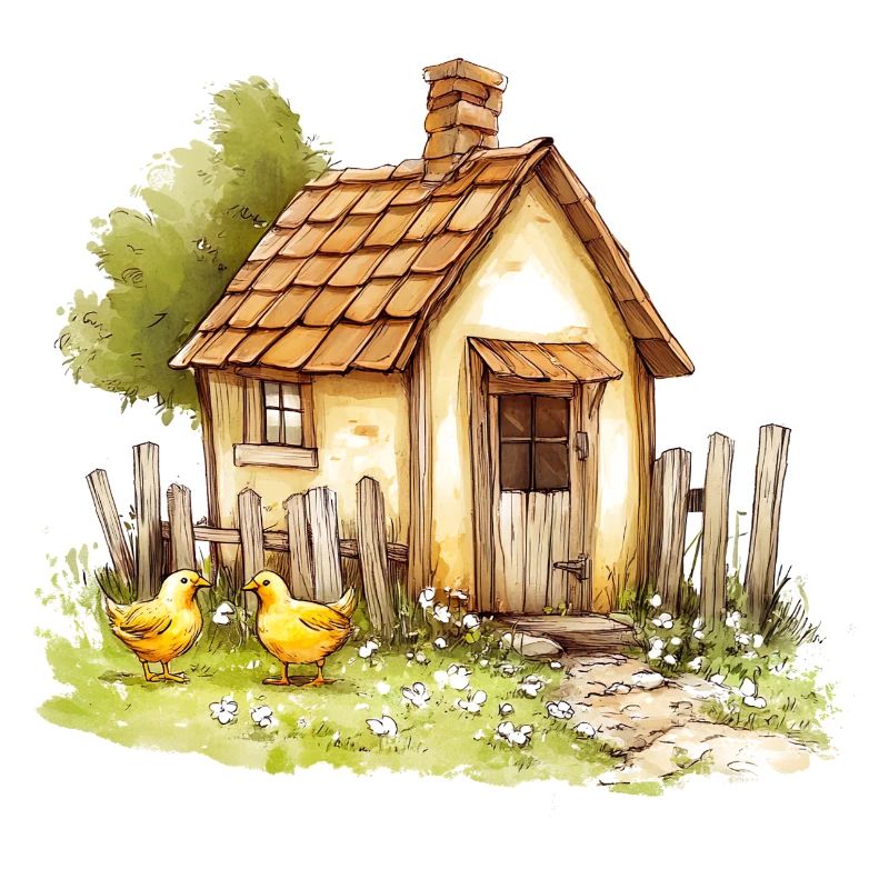 Kleines Landhaus Hühner Aquarell