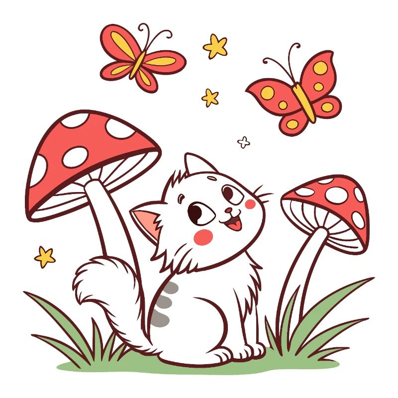 Verspielte Katze zwischen Pilzen