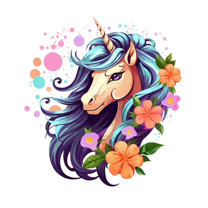 Blaues Einhorn mit Blumenkranz