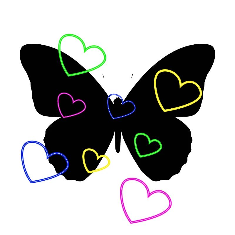 Mehrfarbige Neonherzen auf Schmetterling