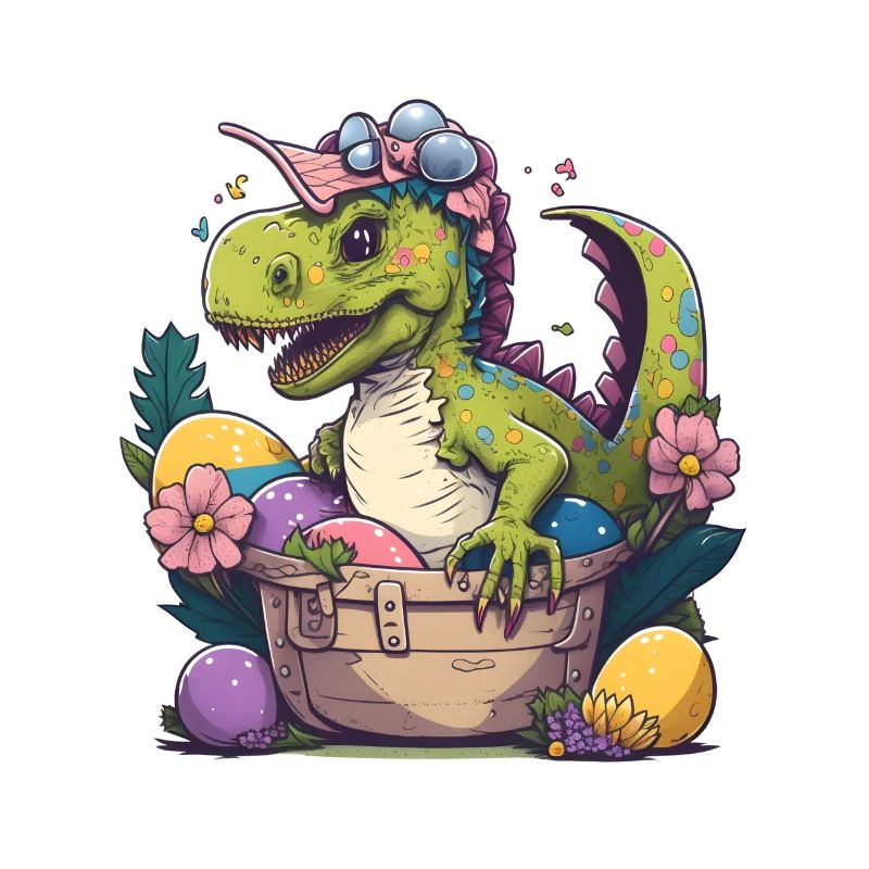 Dino in an Easter basket with Easter eggs