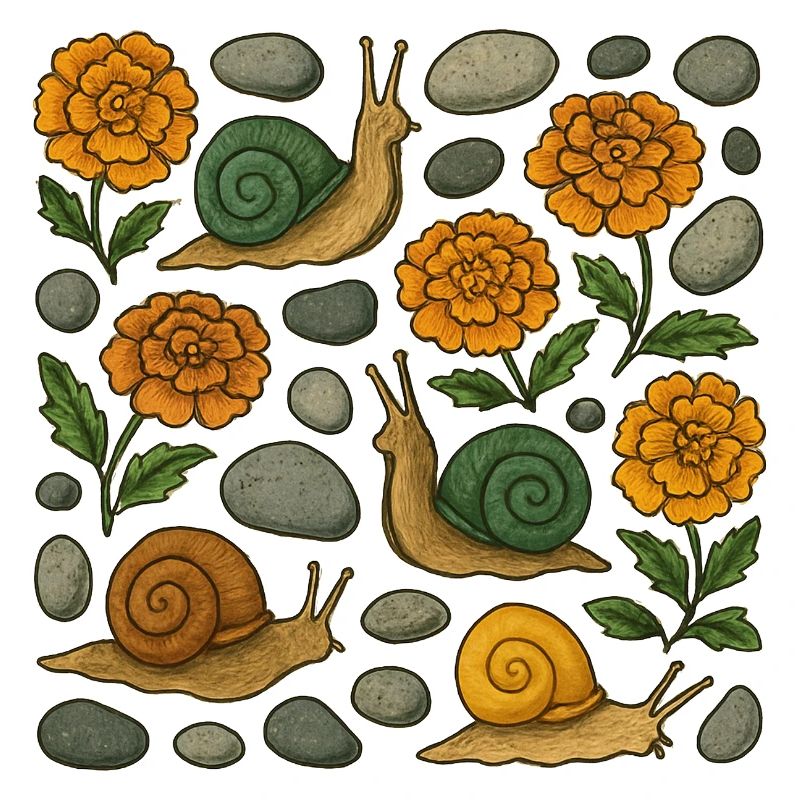 Skurriles Schnecken- und Ringelblumenmuster